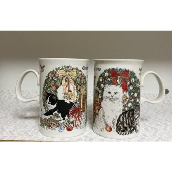 Vintage Dunoon Christmas 1990s Set Of 2 Cats Bone China Mugs Scotland 4" - Picture 1 of 8